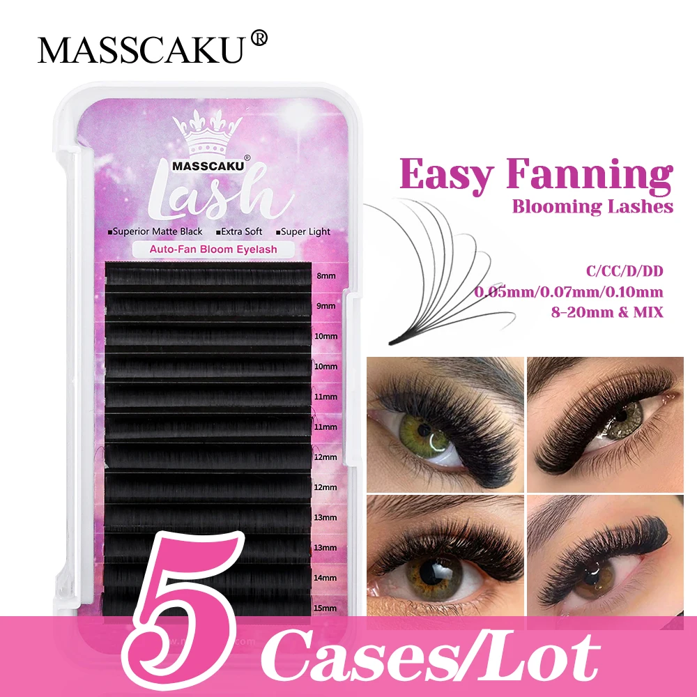 

12 Lines MASSCAKU 5cases/lot Individual Handmade Rapid Blooming Eyelashes Fluffy Matte Dark Black Volume Eyelash Easy to Graft