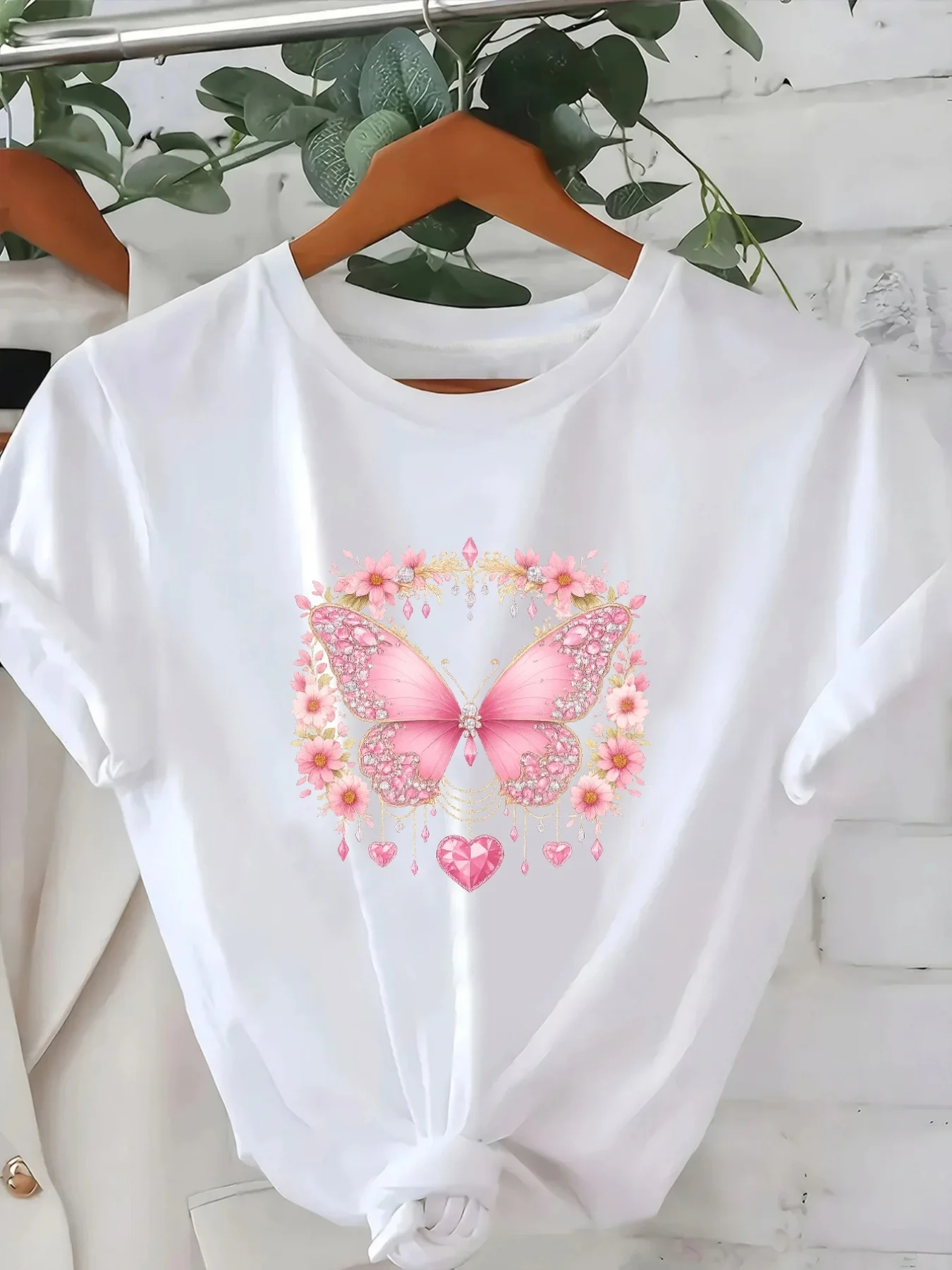 

Women's White T-Shirt with Pink Floral Butterfly - Breathable Crew Neck Summer Top | Relaxed Fit Everyday Party Shirt
