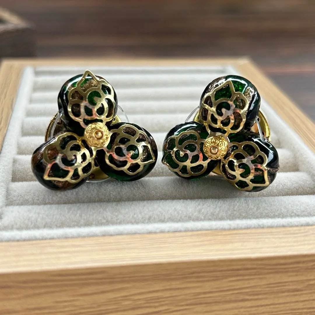 Italian grandma exaggerated green glazed medieval West German ear clips incense gray glazed handmade beaded stud earrings