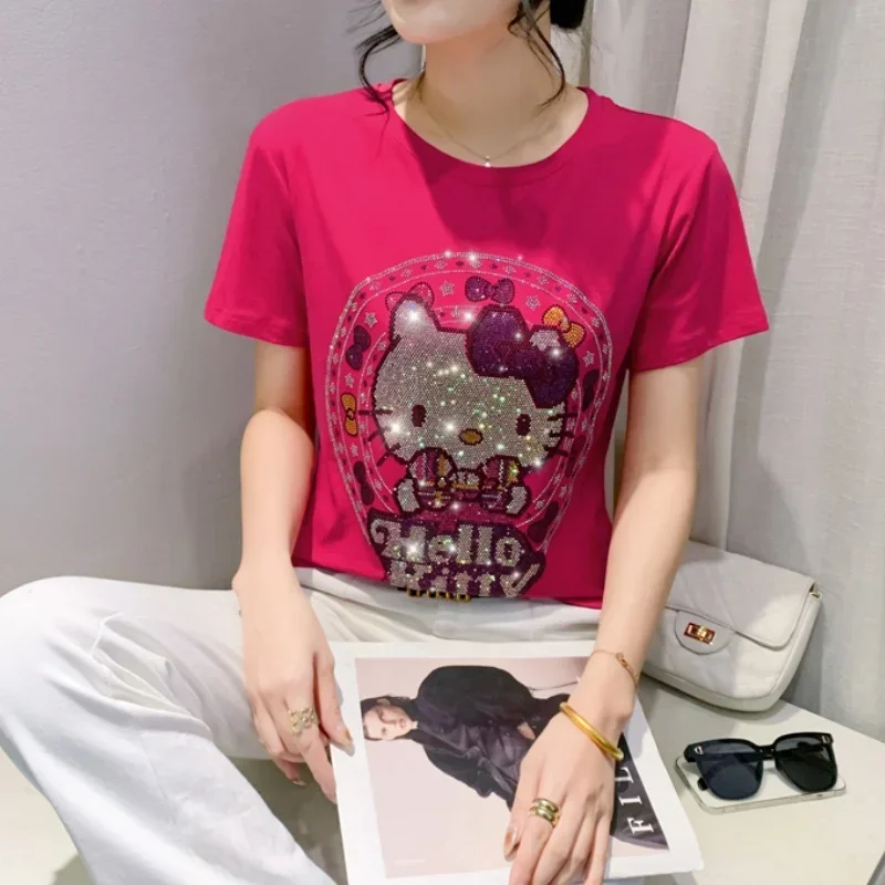 New Heavy Industry Hellokitty Hot Diamond Cat Short-sleeved T-shirt for Women Sanrios Anime Kawaii Summer New Fashion Design Top