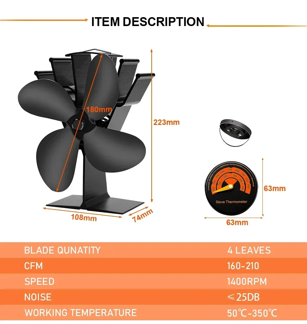 4 Blatt wärme betriebener Ofen ventilator schwarzer Kamin ventilator komin Holz brenner umwelt freundlich leiser Ventilator nach Hause effiziente Wärme verteilung