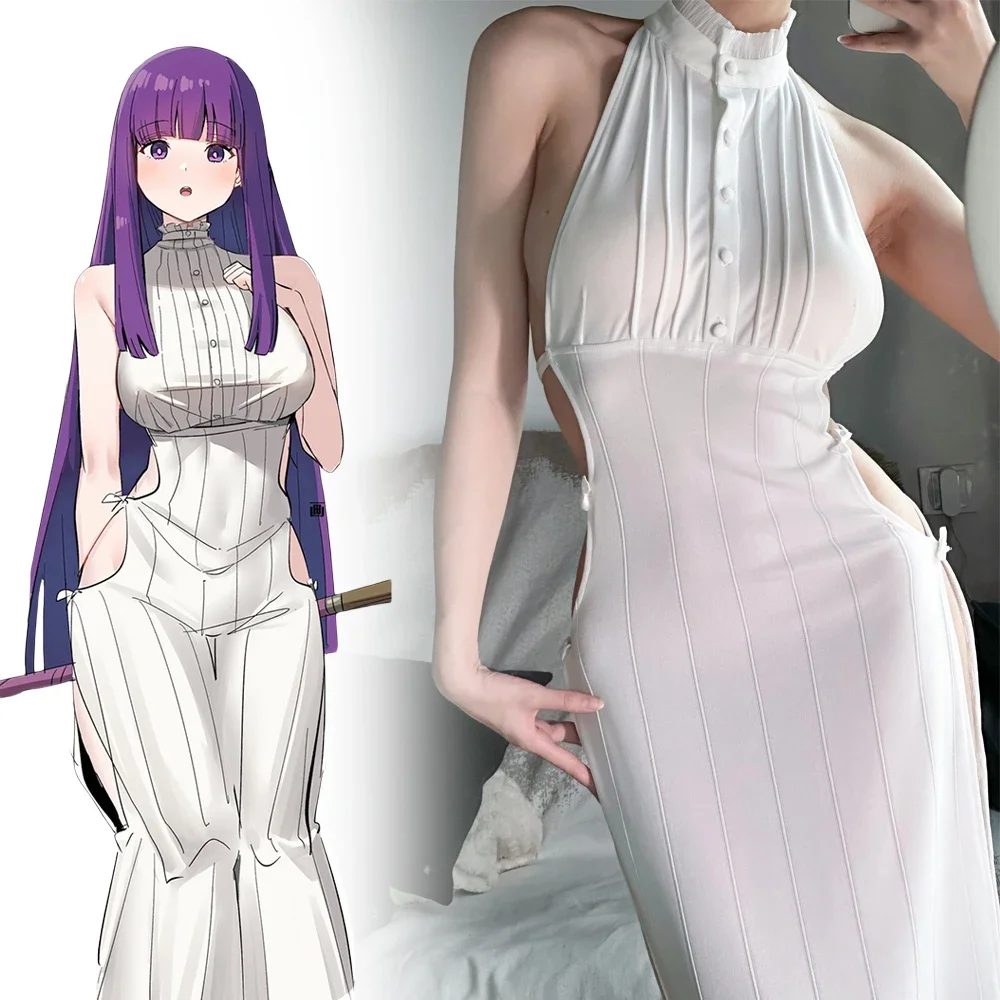 

Anime Frieren: Beyond Journey's End Fern Cosplay Costume Women Sexy White Knit Elastic Dress Frieren at the Funeral Halloween