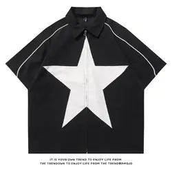 Star Splicing Shirts Oversized Harajuku Streetwear Hip Hop Shirts Men Fashion Casual Loose Zip Up Blouse Y2K Red Black Summer