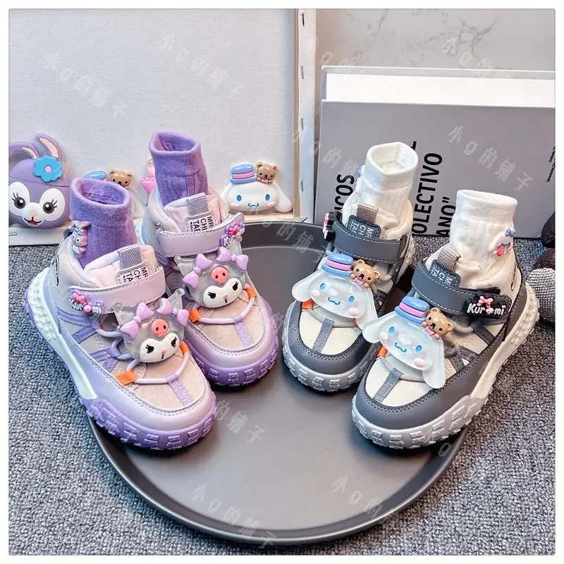 Children Board Shoes Anime Kawaii Sanrio Casual Shoes Cute Kuromi Cinnamoroll Plus Fleece Sports Sneakers Gifts for Kids