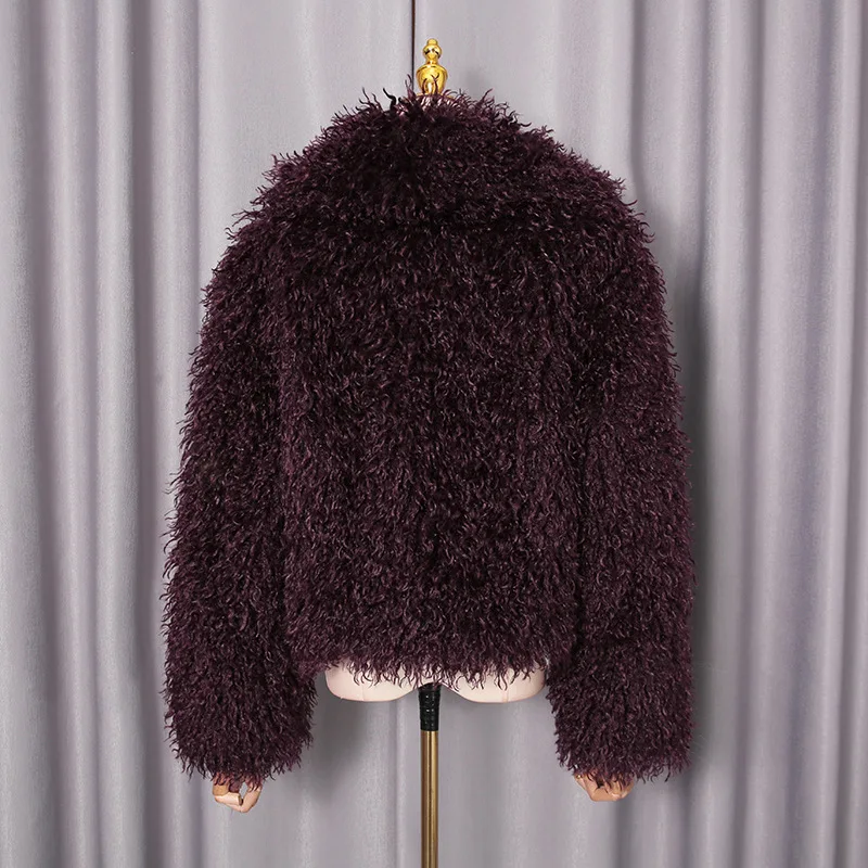 losse harige jas met grote revers pluizige rode effen pluche jas van imitatiewol luxe casual stijlvolle nieuwe 2025, korte nepbontjas voor dames