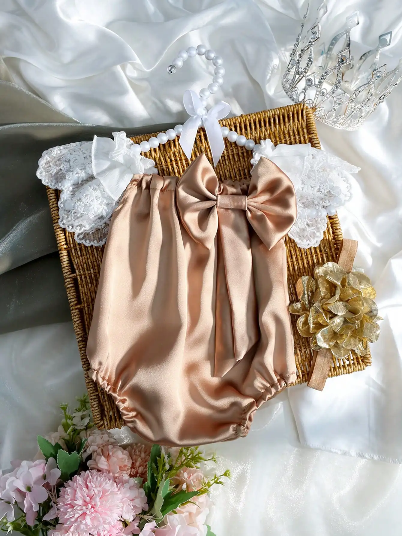 Ylsteed Newborn Girl Photography Outfit with Headband Golden Bowknot Romper for Photo Shooting Infant Photo Props