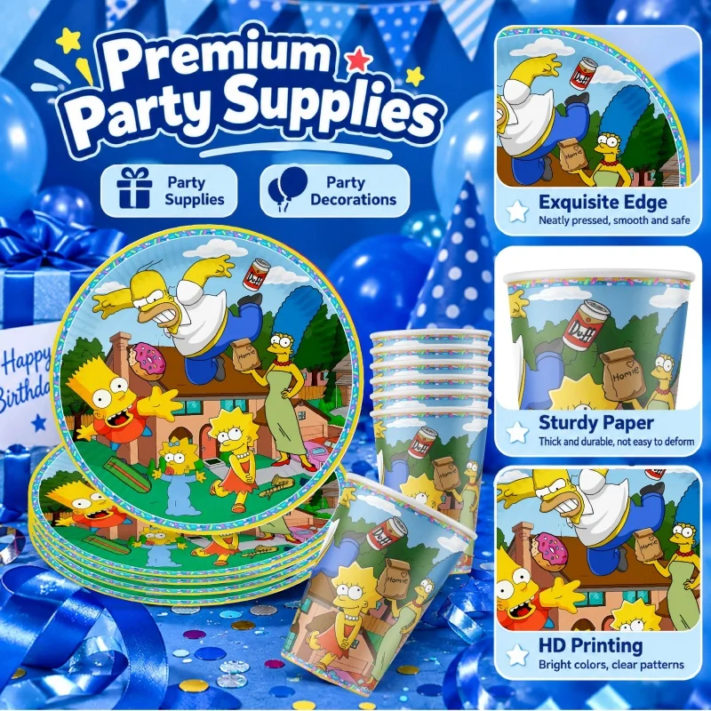 Das Simpsons Happy Birthday Party Dekorations- und Tischgeschirr-Set, bestehend aus Teller, Bechern und Servietten mit Cartoon-Motiven, ist praktisch, langlebig und ein Bestseller. – Detail 5