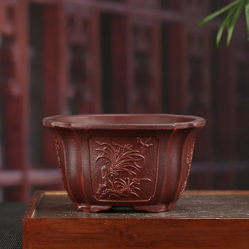 yesPurple Sand Flower Pot-Handmade Carved Chinese Traditional Bonsai for Home Desk Garden Decoration-Exquisite Collection Accent