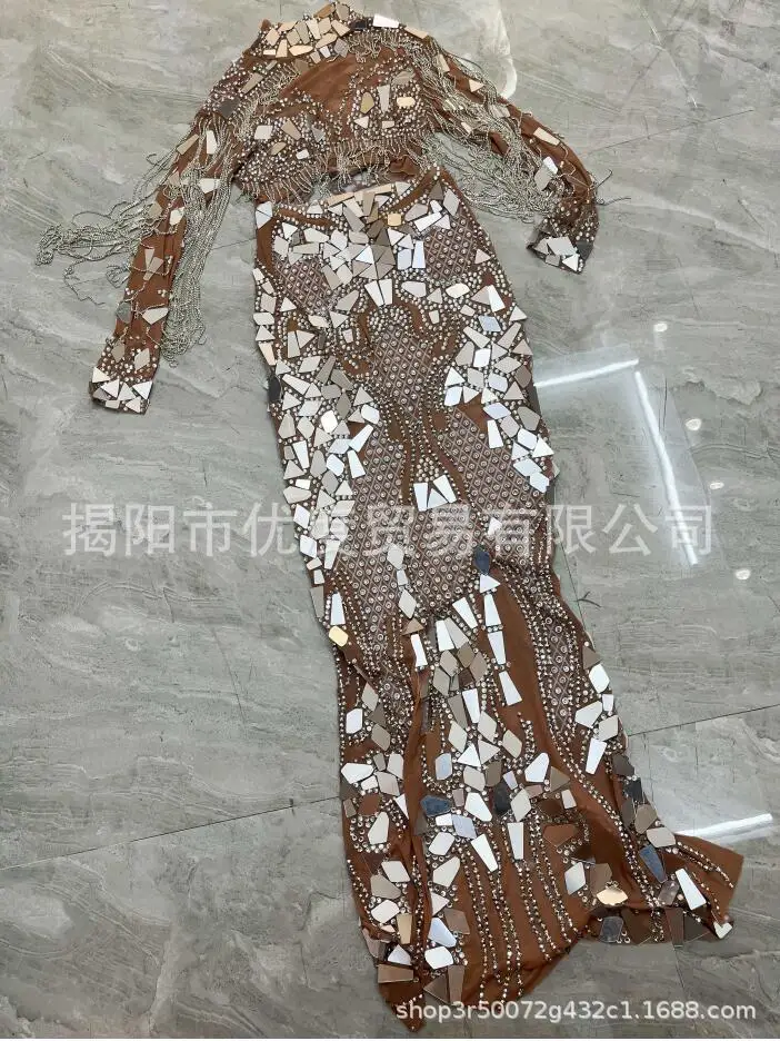 سلسلة خرز طويلة عدسة كريستال مشرق أحجار الراين اثنين فساتين أنيقة كوكتيل حفلة ليلة الأداء الملابس فستان الماس العنبر