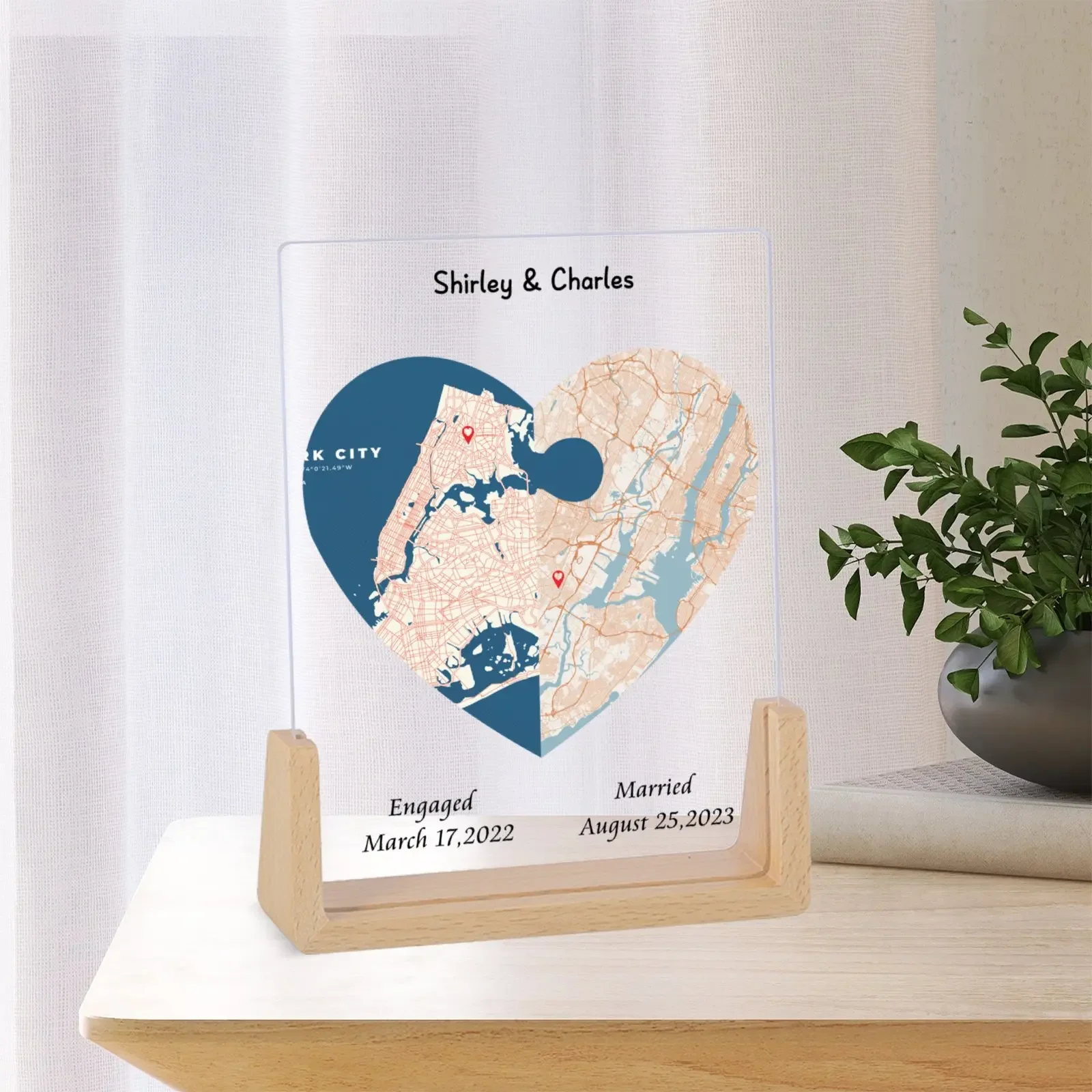 Customized Heart Shape Map Photo Frame Personalized Couple Two Locations Picture Frame Bedroom Desktop Decoration Gift for Lover