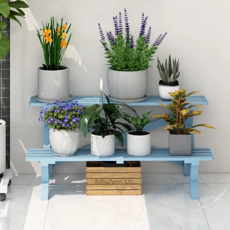 Stepped two-layer retro blue solid wood flower stand Balcony courtyard Outdoor waterproof and anti-corrosion floor-to-ceiling fl