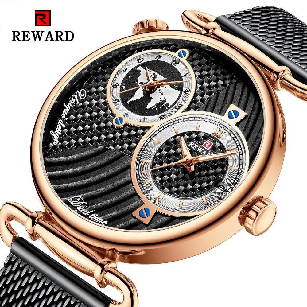 REWARD 62002 Luxury Golden Mens Quartz Watches Braided Shape Dial Multiple Time Zone Display Mesh Belt Top Brand Business Watch
