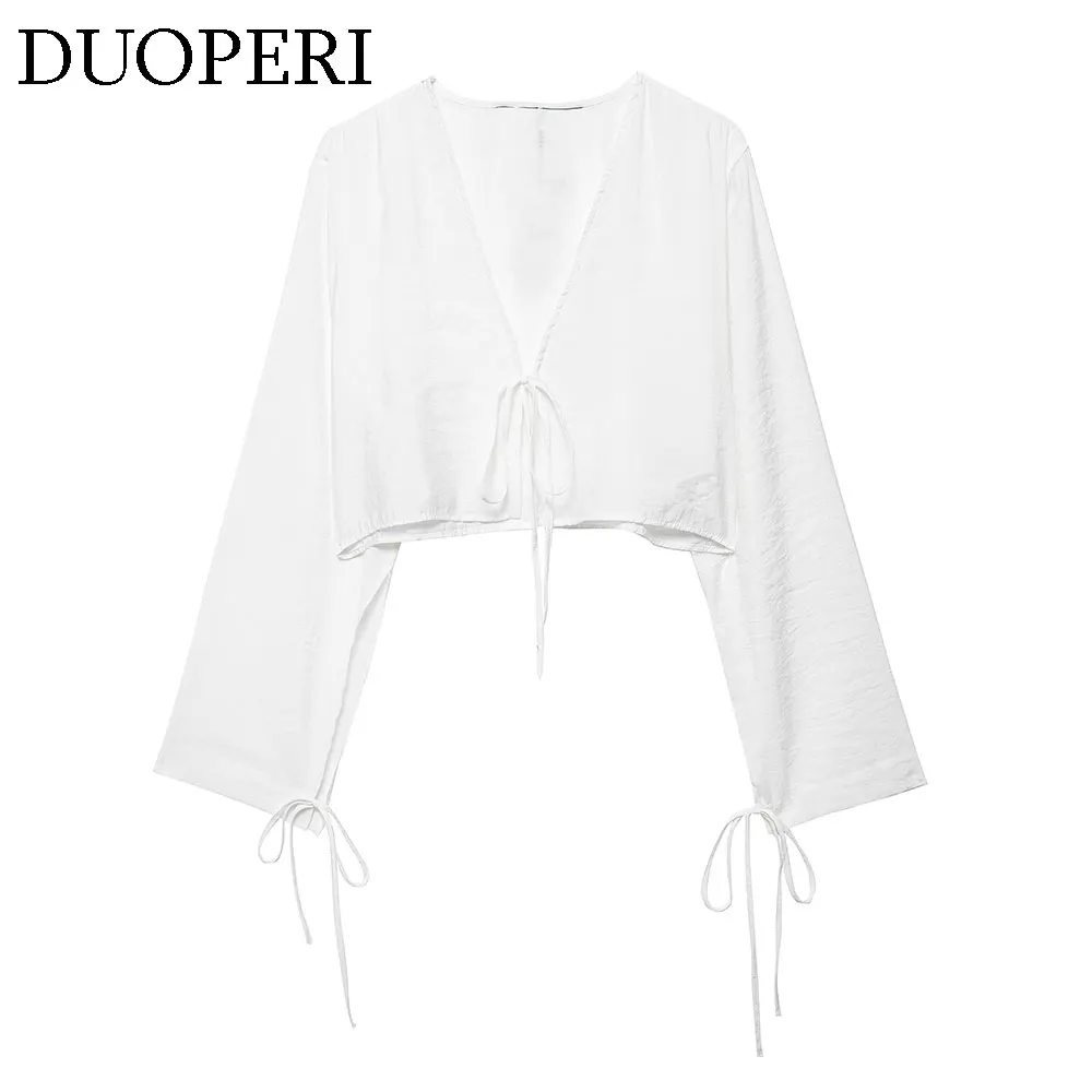 DUOPERI Women Fashion Solid Lace Up Draped Cropped Shirt V-Neck Long Sleeves Female Chic Lady Casual Short Blouse