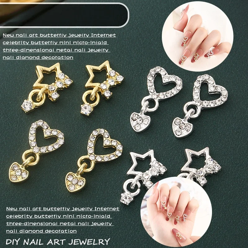 

10PCS tassel inlaid diamond pendant, heart-shaped pentagram nail decoration, hollowed out super sparkling metal DIY nail decorat