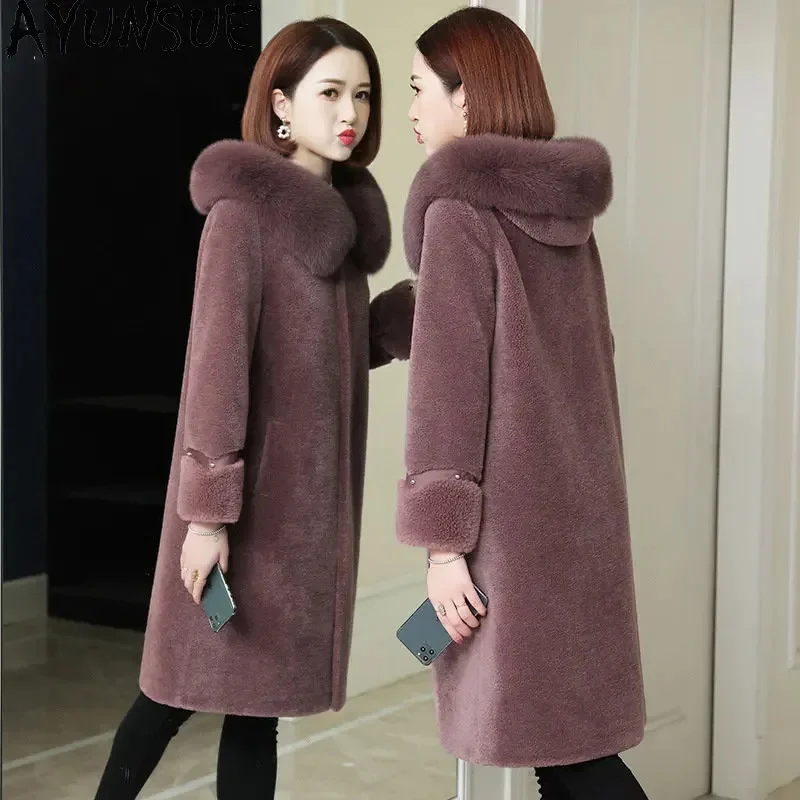 100% Sheep Shearing Coat Hooded Fox Fur Collar Medium-length Wool Coats For Women Winter Jacket Jackets Abrigos Mujer