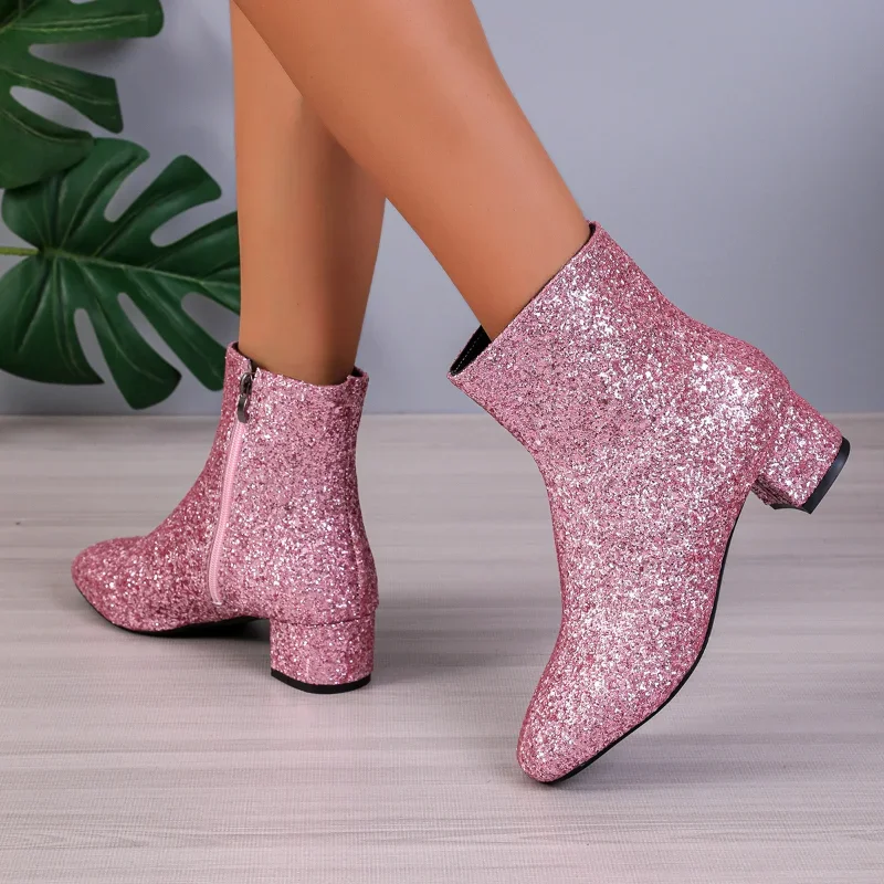 Shiny Sequins Pink Cowboy Boots for Women 2024 Autumn Winter Leather Ankle Boots Woman Sexy Thick Heels Chelsea Botines Mujer