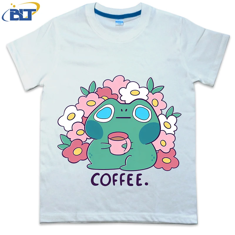 Frog Drinks Coffee Printed Kids Shirt Summer Cotton Short Sleeve Casual Tops Suitable for Boys and Girls