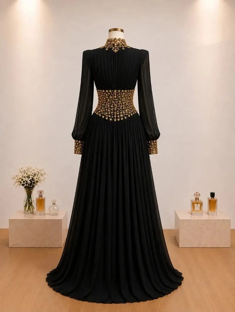 Customized Black Chiffon Gold Beaded Long Sleeve Evening Gown | Custom Plus Size Available