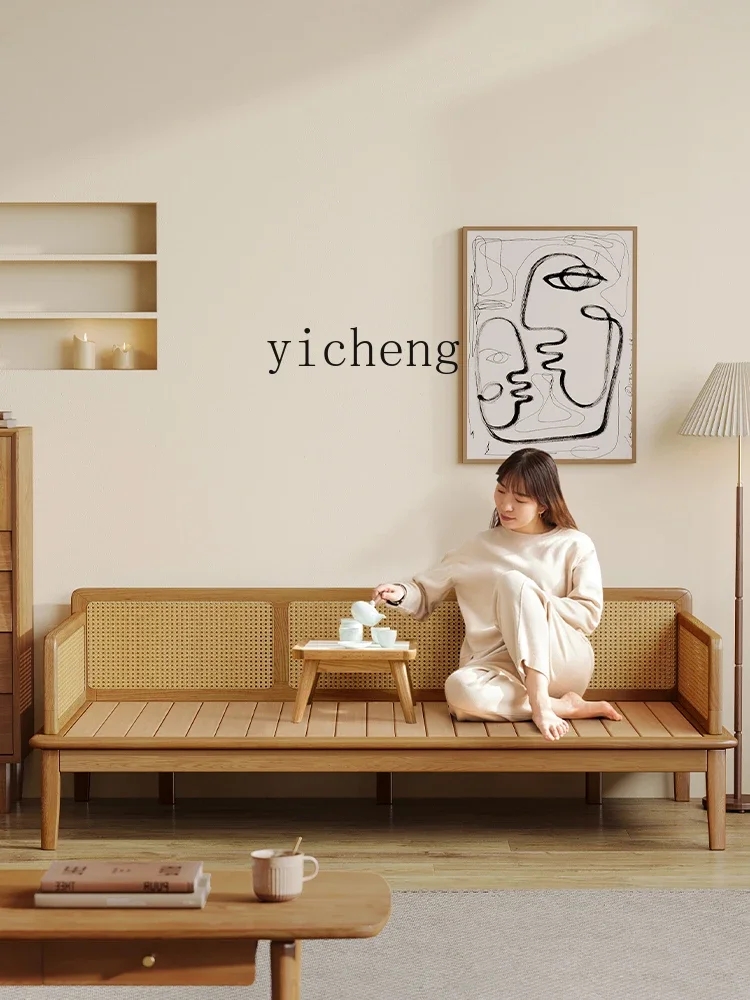 r8.17-New Chinese Style Arhat Bed Solid Wood Modern Living Room Small Apartment Rattan Oak Push-Pull Sofa Bed