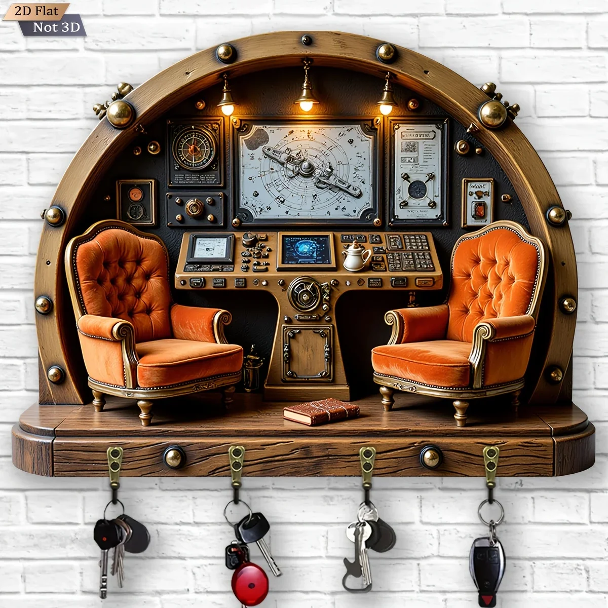 2D Flat, 1pc, Steampunk Theme Style Key Hook Wooden Multifunctional Home Key Rack with Four Metal Hooks, Wall Decoration, Porch