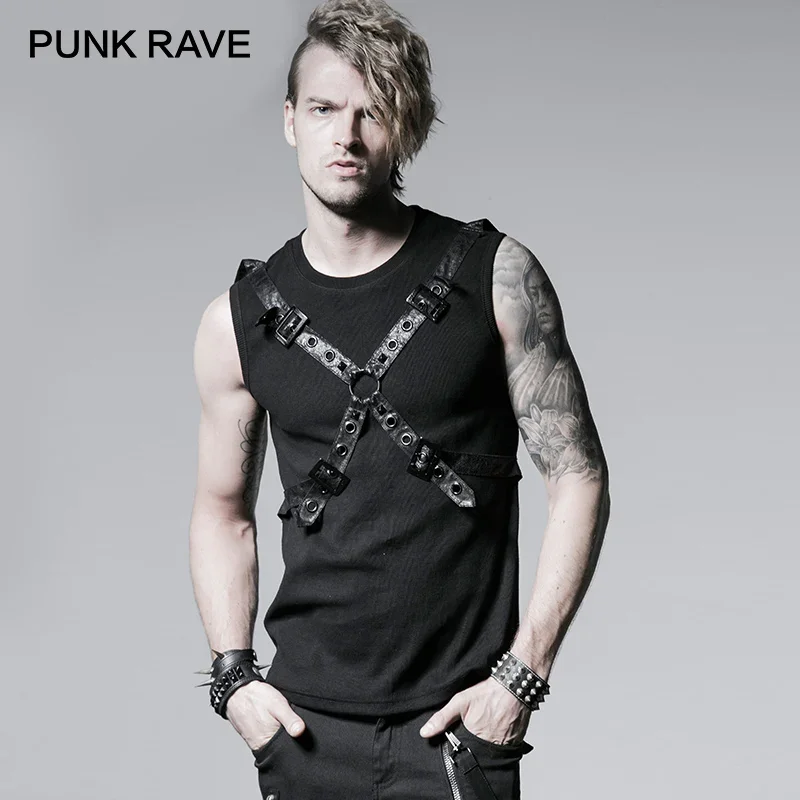 PUNK RAVE Gothic Black 100% Cotton Rib Summer Vest Fashion Chest Crossband Haulage Motor Men Cool