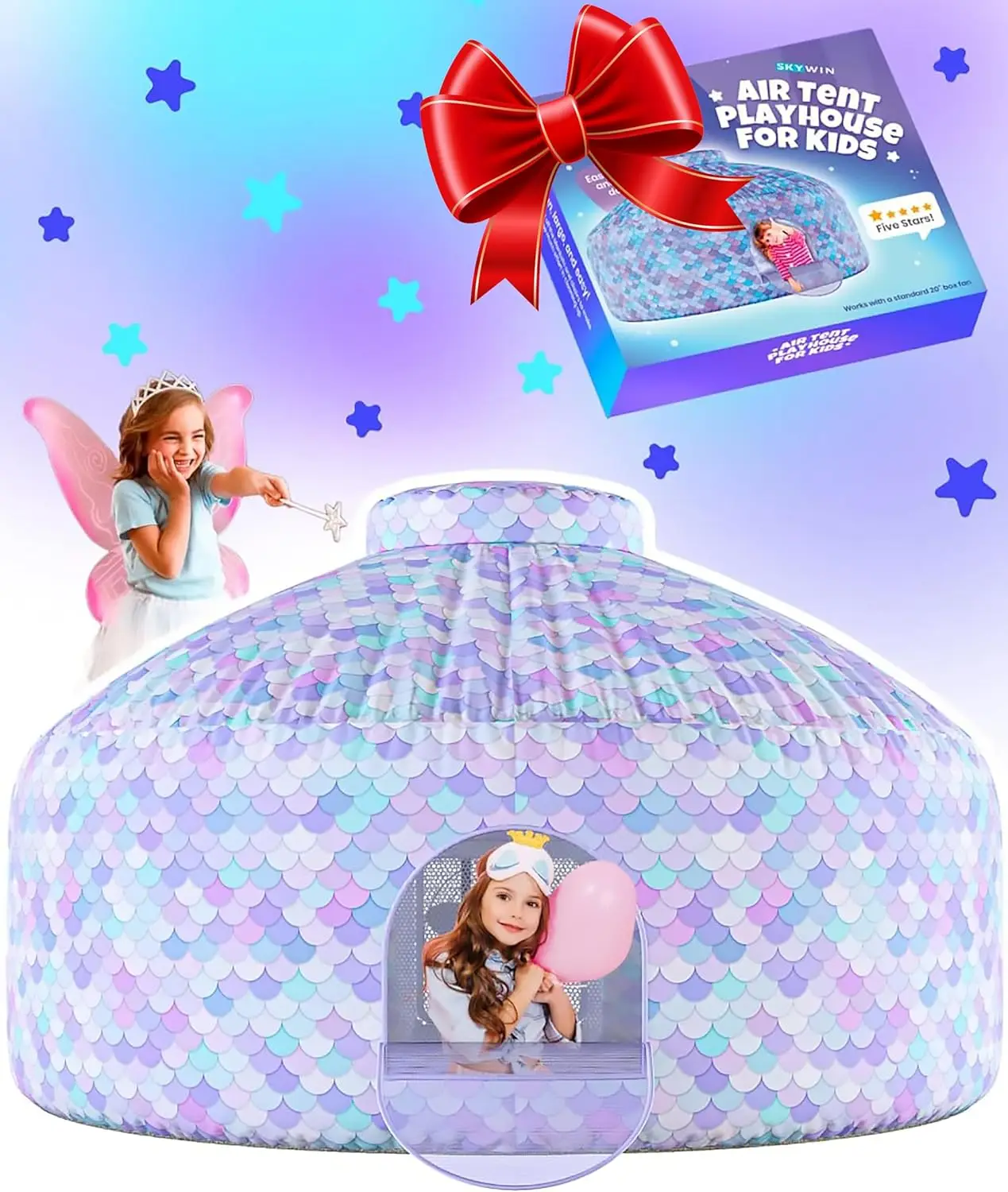 

Mermaid Magic Air Tent for Kids - Inflates in 30 Seconds, Large 77x50 Inch Indoor Playhouse, Perfect Gift