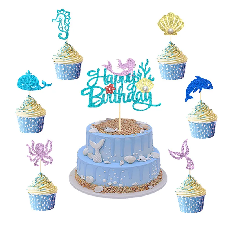 

25pcs/set Ocean Cake Topper Octopus Sea Star Shell Pearl Happy Birthday Mermaid Kids Baby Party Baking Cake Dessert DIY Decor