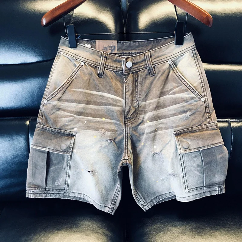 Men's Denim Shorts 2026 Summer Vintage American Style, Washed, Ink Splash Pattern, Ripped, Heavy Workwear, Versatile Five-Point