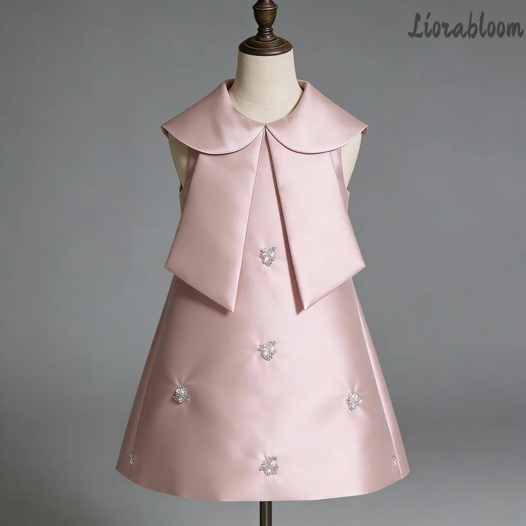 Abito da damigella d'onore su misura per bambina, rosa, modello A-line, decorato con perle, a strati, per feste ed eventi serali