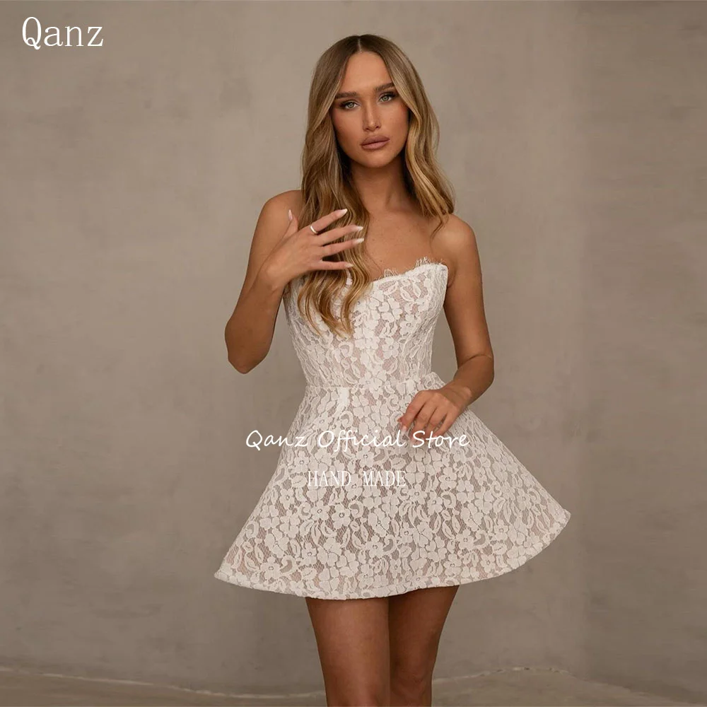 Qanz Modest Full Lace Party Dresses Short Open Back Wedding Dress Above Knee Mini Sleeveless Vestidos Para Eventos Especiales