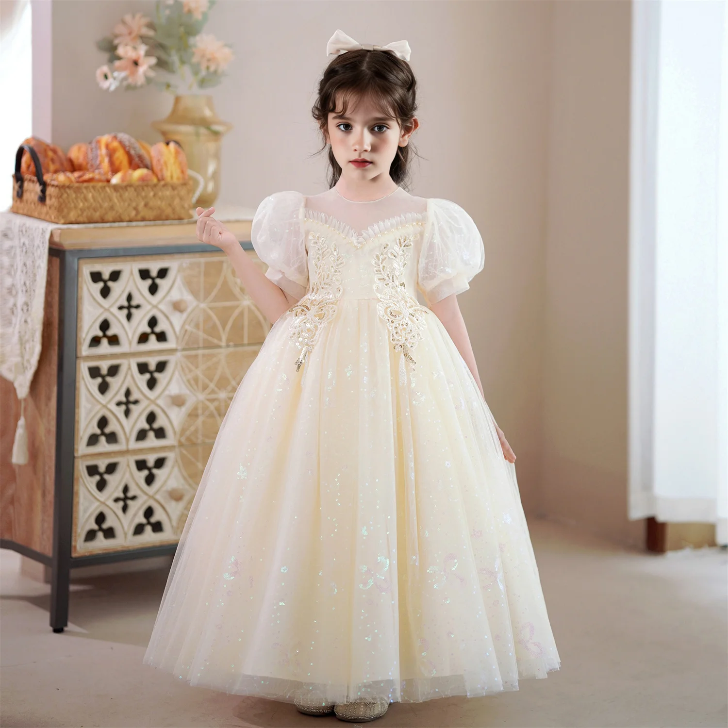 3-10 Years Kids Long Gown Piano Costume Baby Girl Evening Party Princess Dresses For Girl Ceremony Wedding Birthday Dress