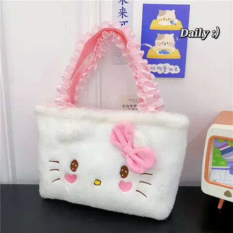 Hello Kitty Plyschväska Kawaii Sanrio Anime Handväska Cinnamoroll Kuromi Melody Tecknad Mjuka Saker Axelväskor Sminkväskor Flicka Presenter 8 best sales katt plyschväska - №3