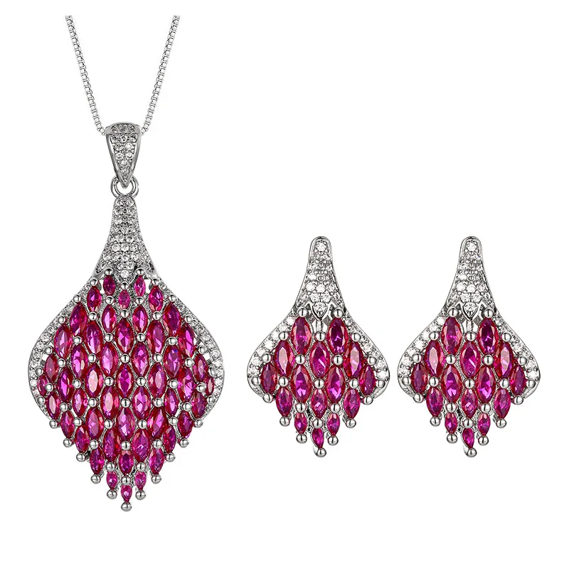 

Ruby Teardrop Vintage Luxury Jewelry Zircon Elegant Statement Necklace & Earrings Evening Party Accessories