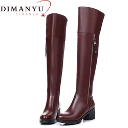 DIMANYU Women Thigh High Boots  Genuine Leather Thick Thin Velvet Winter Long Boots Fashion High Heel Women Over knee boots