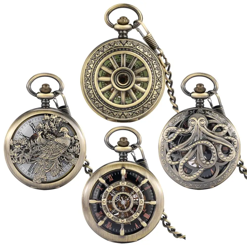 Retro Mechanical Pocket Watch Half Hunter Mechanical Hand Winding Fob Chain Pendant Clock Multi‑Style Choice Collectible Gift