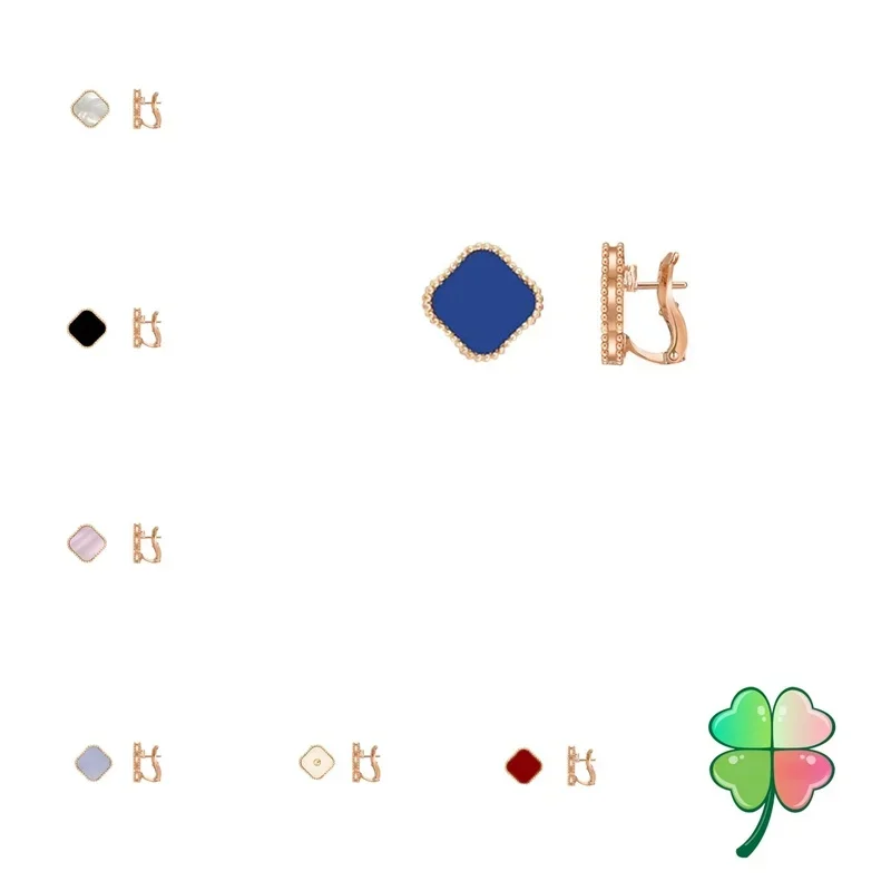 925 Silver High-Quality Clover Rose Gold Plating Earrings Fashion Flower Shell Enamel Earrings Man and Women Jewelry Gift