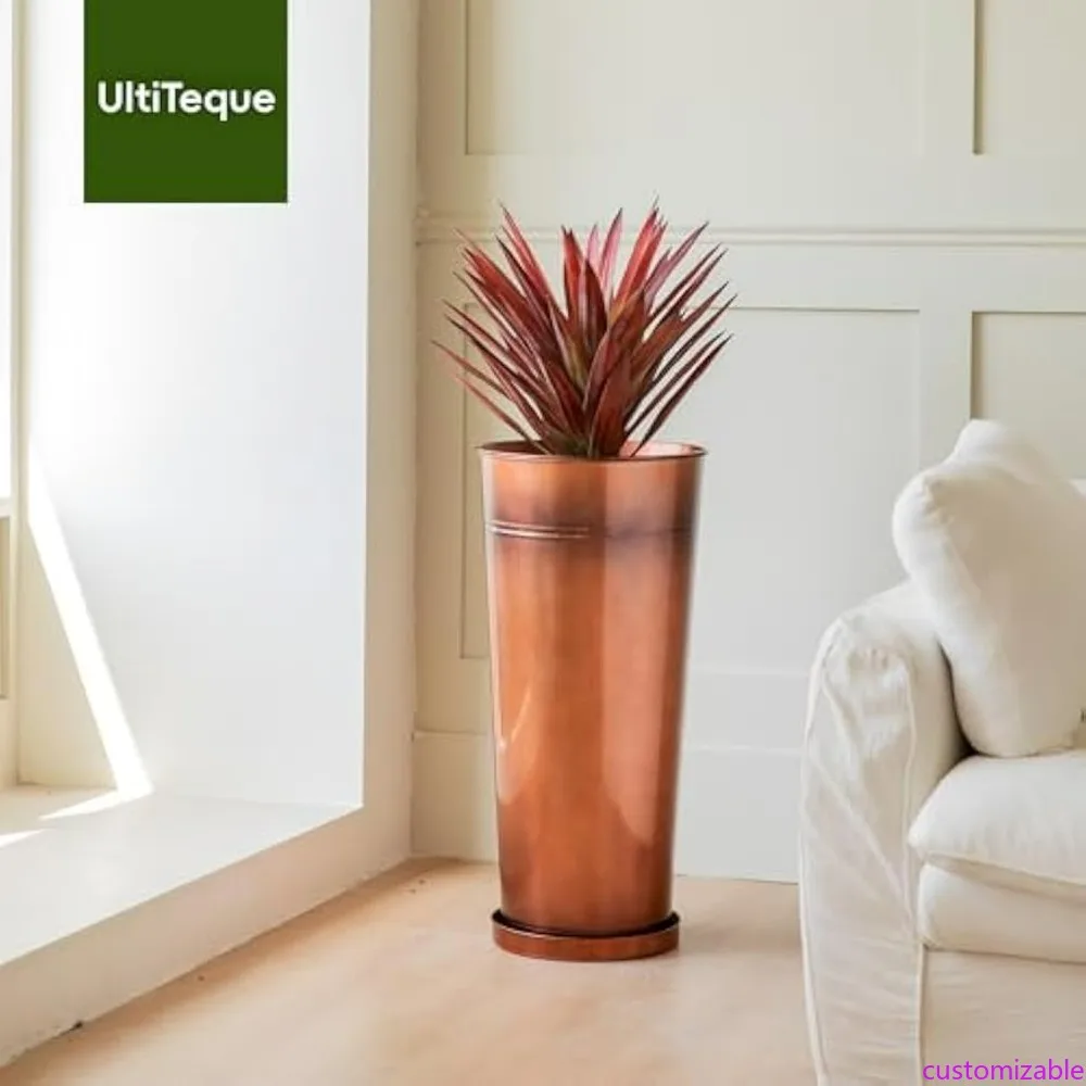 

Pair of 28-inch Tall Copper-Tone Galvanized Steel Planters for Outdoor/Indoor Use on Porches, Terraces, and Patios