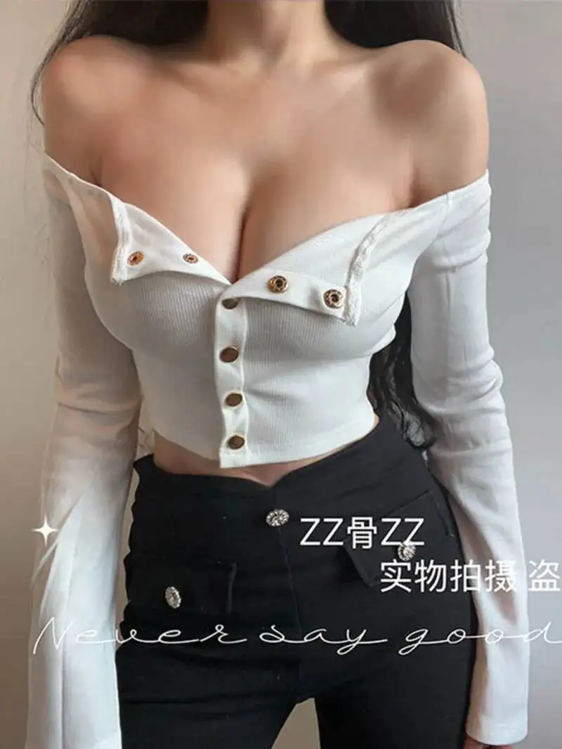 Spring New Sweet Sexy Off Shoulder Single Breasted Trumpet Sleeve Short Solid Color T-shirt Women Tshirt Tees Fashion 3OXU