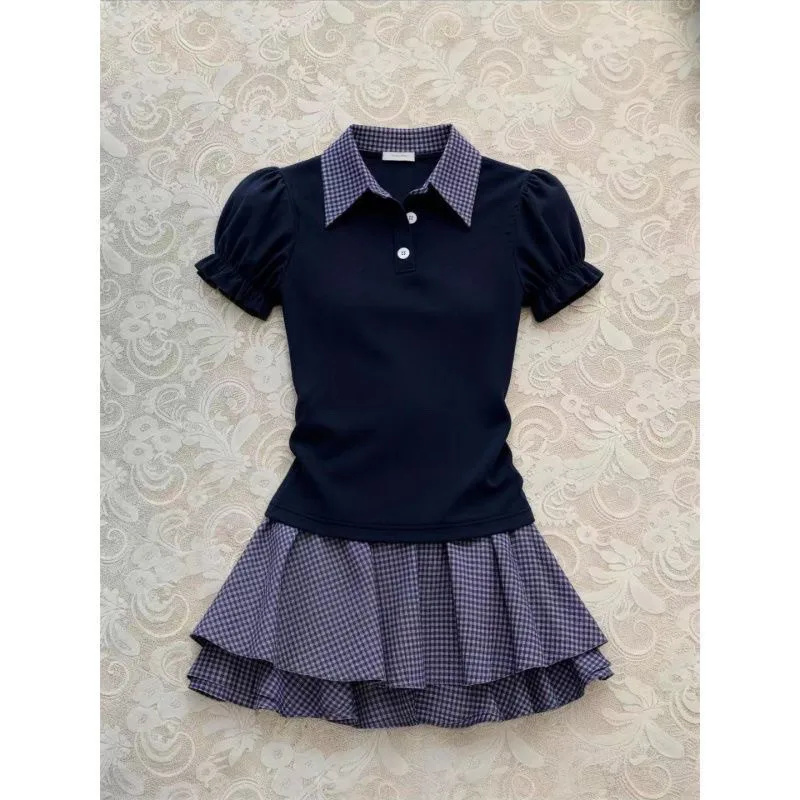 2026 Fall Retro Plaid Korean College Women Outfit Short Sleeve Blazer Blouse High Waist Pleated Skirt 2 Pieces Matching Suit image 5