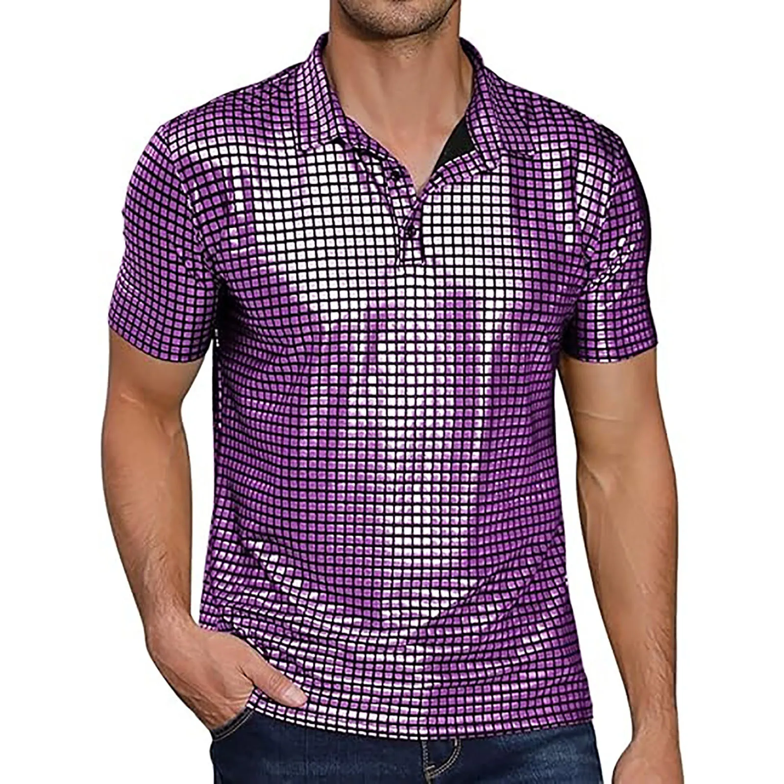70s 80s Disco Polo Shirt Męska koszula z krótkim rękawem z cekinami Top Nightclub Party Hippie Lapel Shirt Hip Hop Men Disco Clothing
