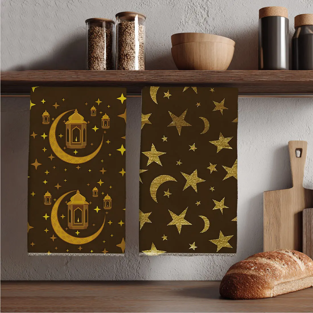 2pcs 40x60cm Ramadan DishCloth Tea Towel Kitchen Dishcloth Festival Stars, Moon, Lanterns Pattern, Kitchen Dish Towels,  Gifts
