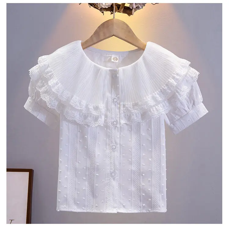 Girls blouse Short Sleeve Shirt White Lace Summer Elementary School Doll Collar Large Lapel Cotton Top
