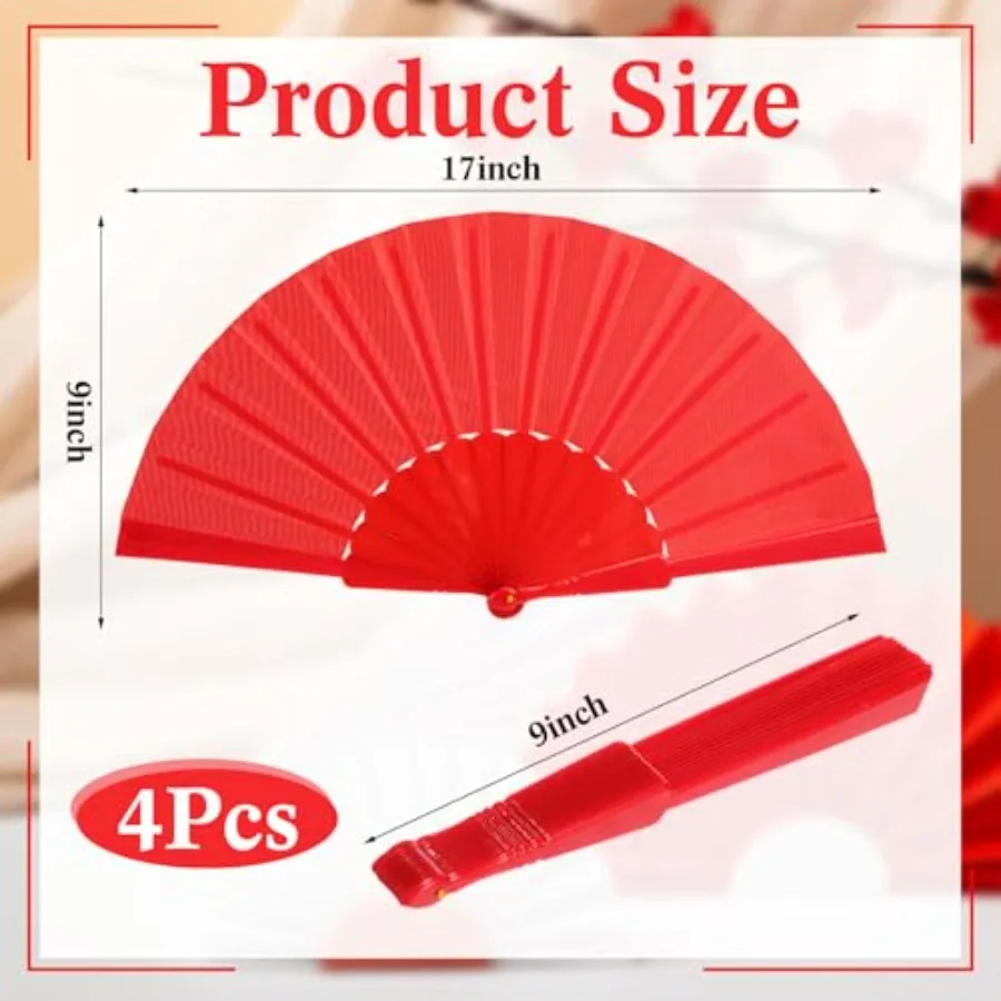 Blulu 4 Pcs Handheld Folding Fan 9 Inch Chinese Vintage Hand Fan Foldable in Oriental Cloth Fabric for Women, Performance, Danc