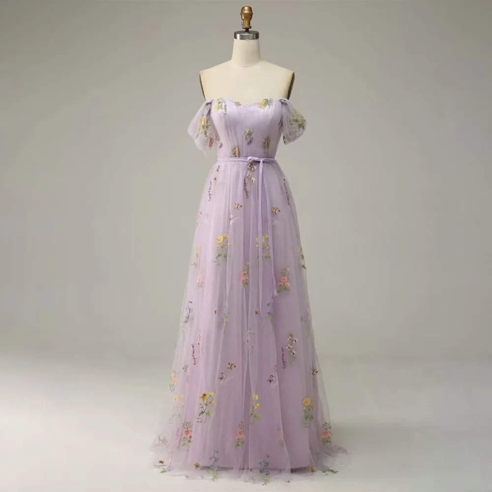 

High Quality Customized Sweetheart Floor Length Off Shoulder Purple Tulle Flowers A-line Vestidos Elegantes Para Mujer Party