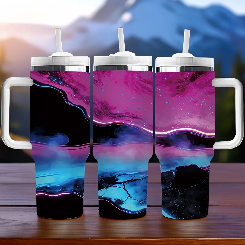 Trendy Abstract Glowing Neon Fluid Marble Print Modern Large Capacity Insulated Travel Tumbler with Straw And Handle