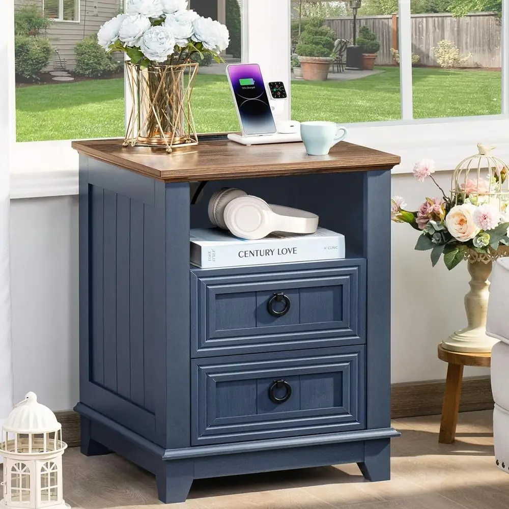 

18 Nightstand with Charging Station, 2 Drawers for Bedroom or Living Room, Blue Wooden Bedside Table with Open Shelf