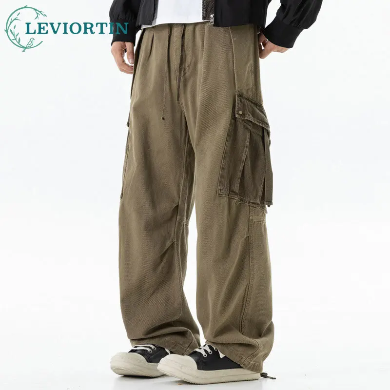 Men's retro casual style straight tube loose and fashionable versatile diagonal three-dimensional pocket design work pants