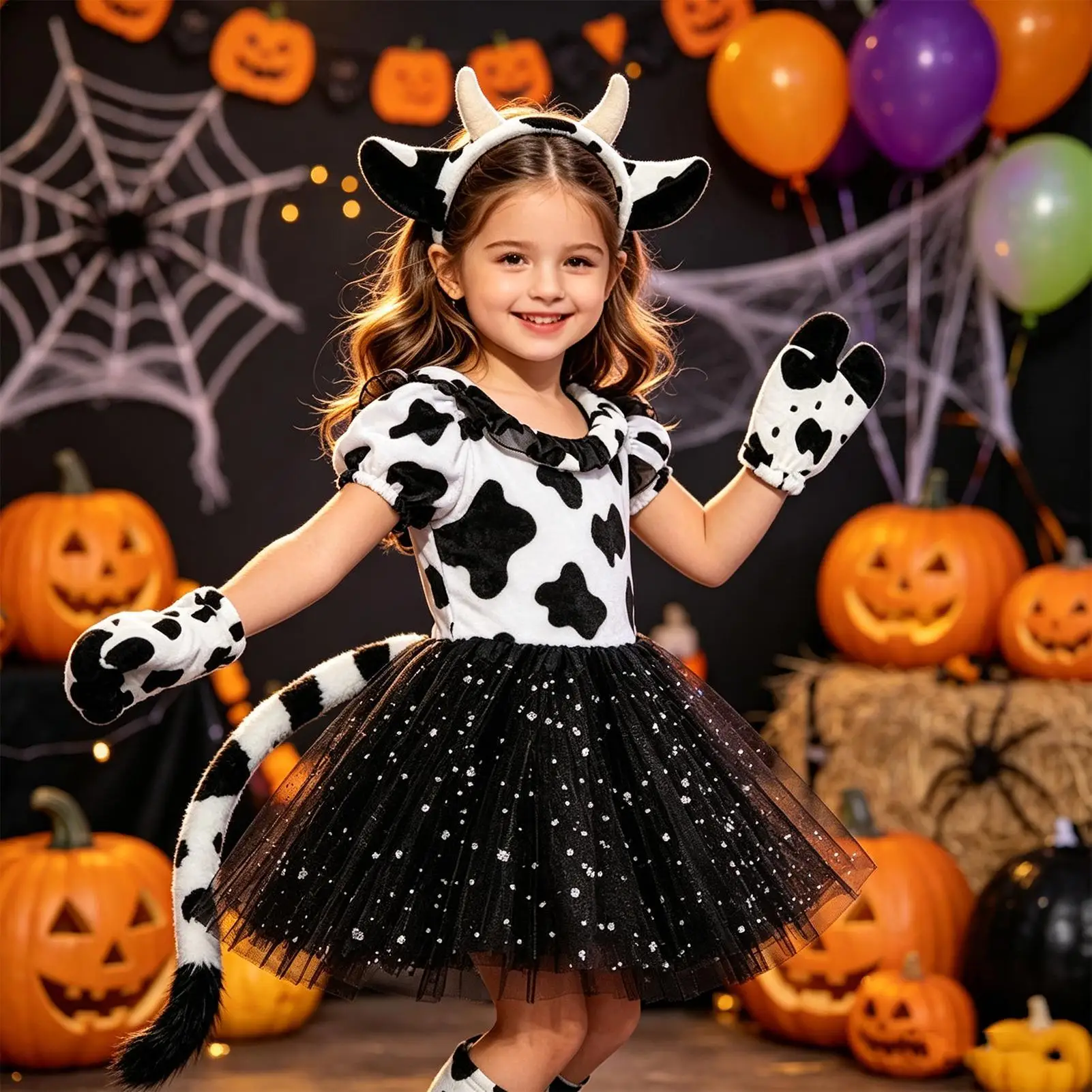 Cow Costume Girls Outfit Set with Cow Headband Tail Gloves Tutu Dress for Concert Party Cosplay Carnival Masquerade School Event
