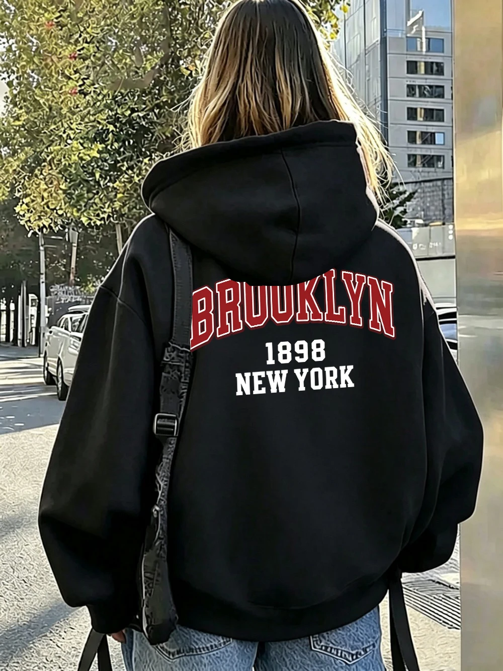 Brooklyn 1898 New York Printed Hoodie Women Casual Pocket Pullover Winter Fleece Warm Sweatshirts Sporty Loose Womans Clothes
