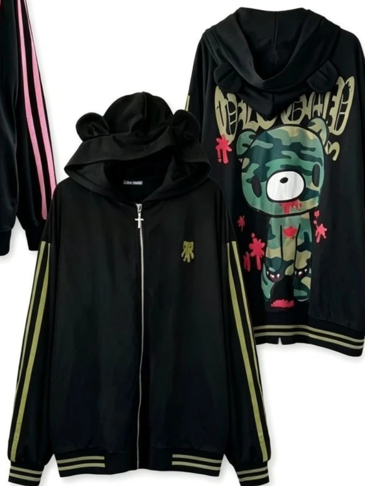 Women Y2K Japanese Harajuku Bear Ear Zip Up Hoodie Pink Camo Bear Print Side Stripes Oversized Loose Fit Streetwear Cute Girls